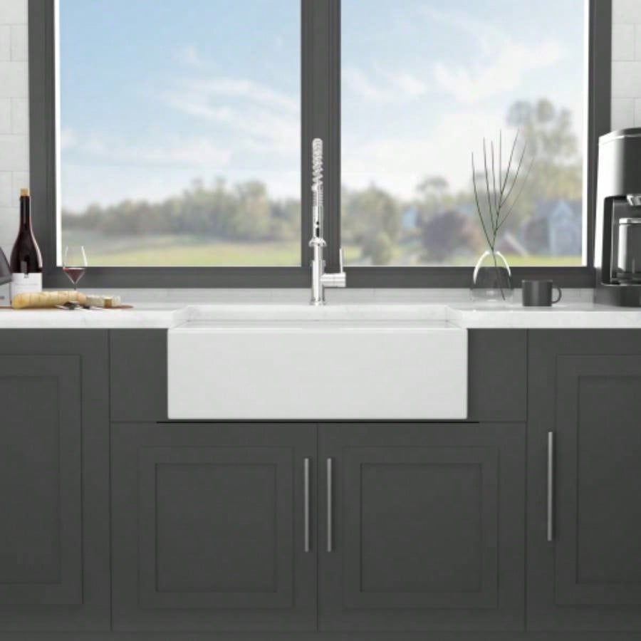 White Farmhouse Sink Workstation - 33 inch White Ceramic Double Bowl Farm Kitchen Sink