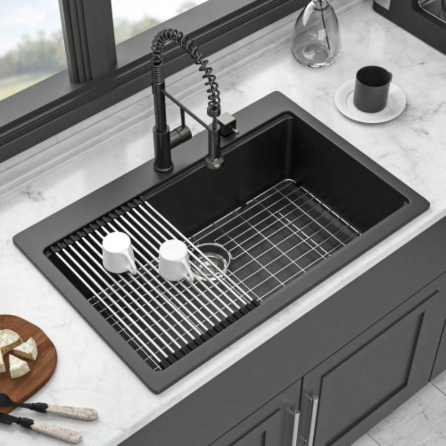 Quartz Kitchen Sink - 33x22 Black granite composite Workstation Drop - in kitchen sink