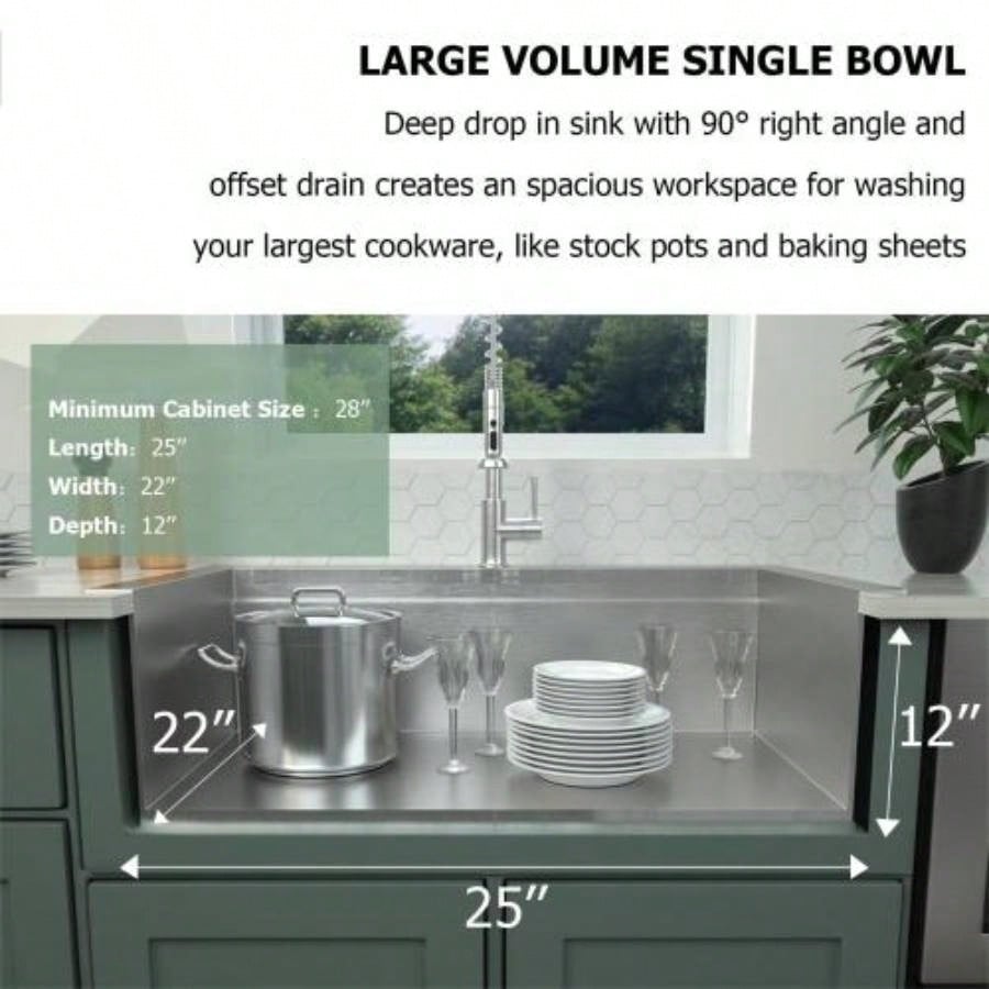 25x22x12 Stainless Steel Laundry Utility Sink Drop In Topmount Deep Single Bowl Kitchen Sink Basin