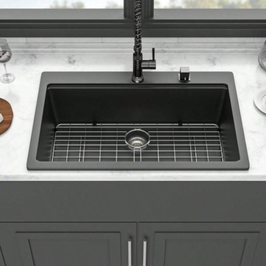 Quartz Kitchen Sink - 33x22 Black granite composite Workstation Drop - in kitchen sink