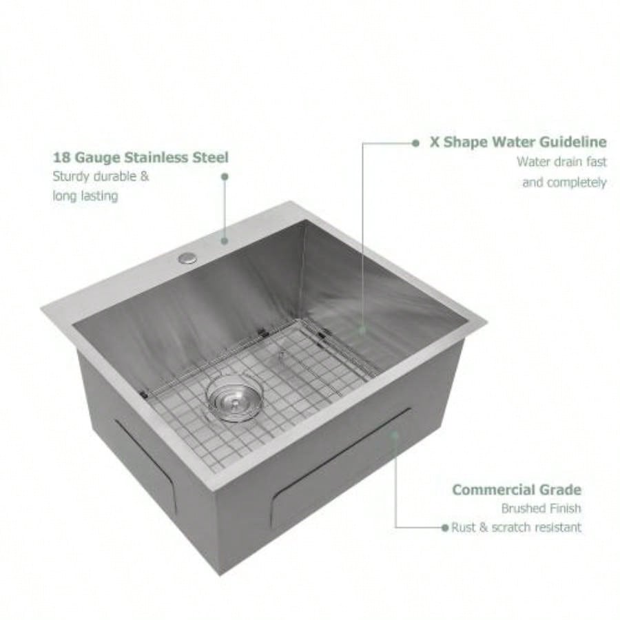 25x22x12 Stainless Steel Laundry Utility Sink Drop In Topmount Deep Single Bowl Kitchen Sink Basin