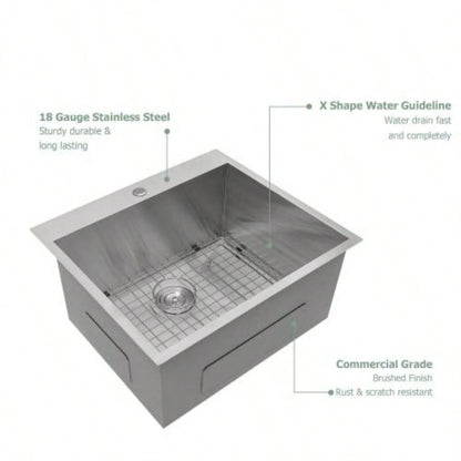 25x22x12 Stainless Steel Laundry Utility Sink Drop In Topmount Deep Single Bowl Kitchen Sink Basin