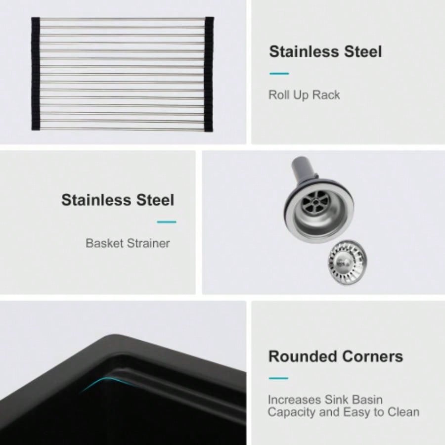 Quartz Kitchen Sink - 33x22 Black granite composite Workstation Drop - in kitchen sink