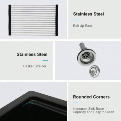 Quartz Kitchen Sink - 33x22 Black granite composite Workstation Drop - in kitchen sink