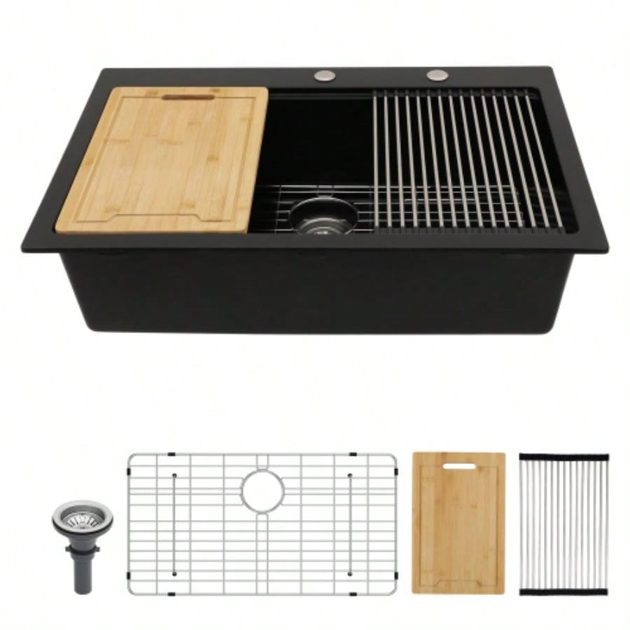 Quartz Kitchen Sink - 33x22 Black granite composite Workstation Drop - in kitchen sink