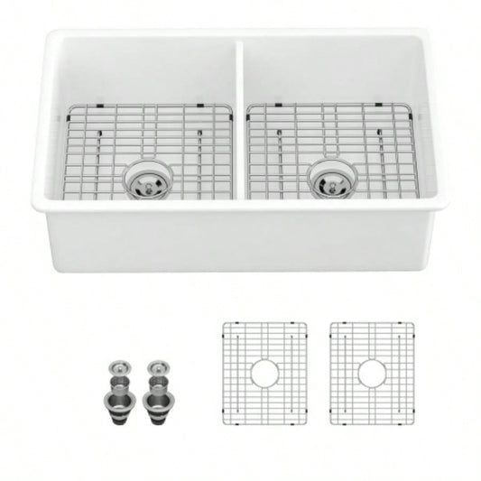 32 Undermount Double Bowl Ceramic Kitchen Sink - Dual Mount White Ceramic Rectangular Deep Double Bowl Sink Basin