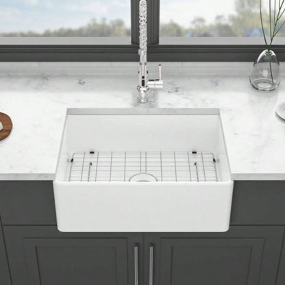 28 White Farmhouse Sink - 28 Inch Kitchen Sink Ceramic Single Bowl with Drain Assembly and Bottom grid