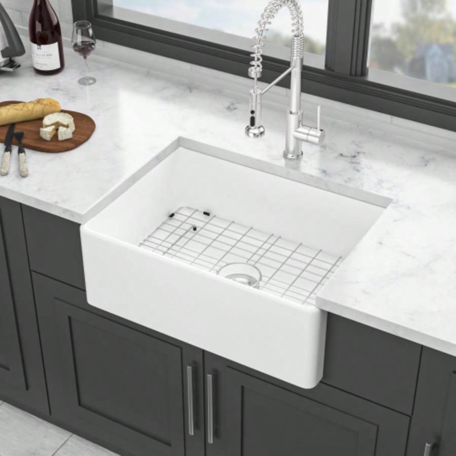 28 White Farmhouse Sink - 28 Inch Kitchen Sink Ceramic Single Bowl with Drain Assembly and Bottom grid
