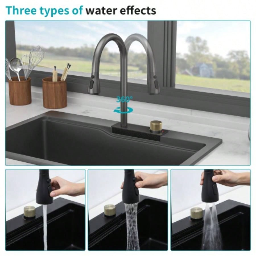 Drop In Waterfall Kitchen Sink - 33x 22 Black Composite Granite Quartz Single Bowl Workstation kitchen sink with Pull - Out Faucet