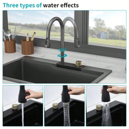 Drop In Waterfall Kitchen Sink - 33x 22 Black Composite Granite Quartz Single Bowl Workstation kitchen sink with Pull - Out Faucet