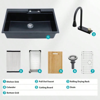 Drop In Waterfall Kitchen Sink - 33x 22 Black Composite Granite Quartz Single Bowl Workstation kitchen sink with Pull - Out Faucet