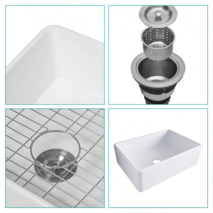 28 White Farmhouse Sink - 28 Inch Kitchen Sink Ceramic Single Bowl with Drain Assembly and Bottom grid