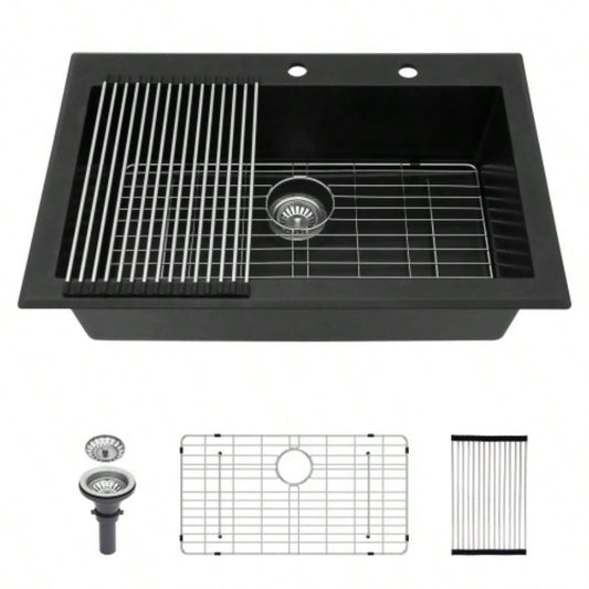 Quartz Kitchen Sink - 33x22 Black granite composite Drop in kitchen sink