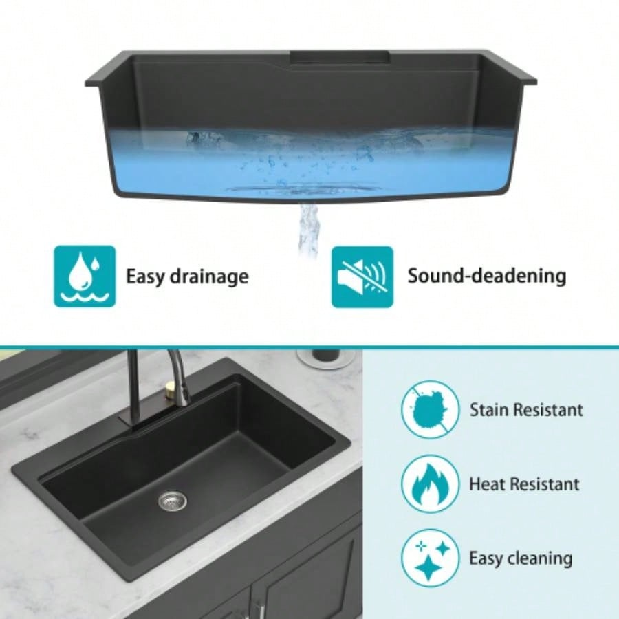 Drop In Waterfall Kitchen Sink - 33x 22 Black Composite Granite Quartz Single Bowl Workstation kitchen sink with Pull - Out Faucet