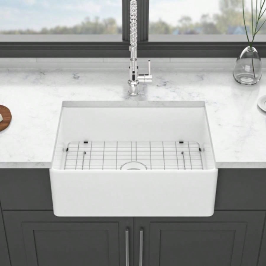 28 White Farmhouse Sink - 28 Inch Kitchen Sink Ceramic Single Bowl with Drain Assembly and Bottom grid