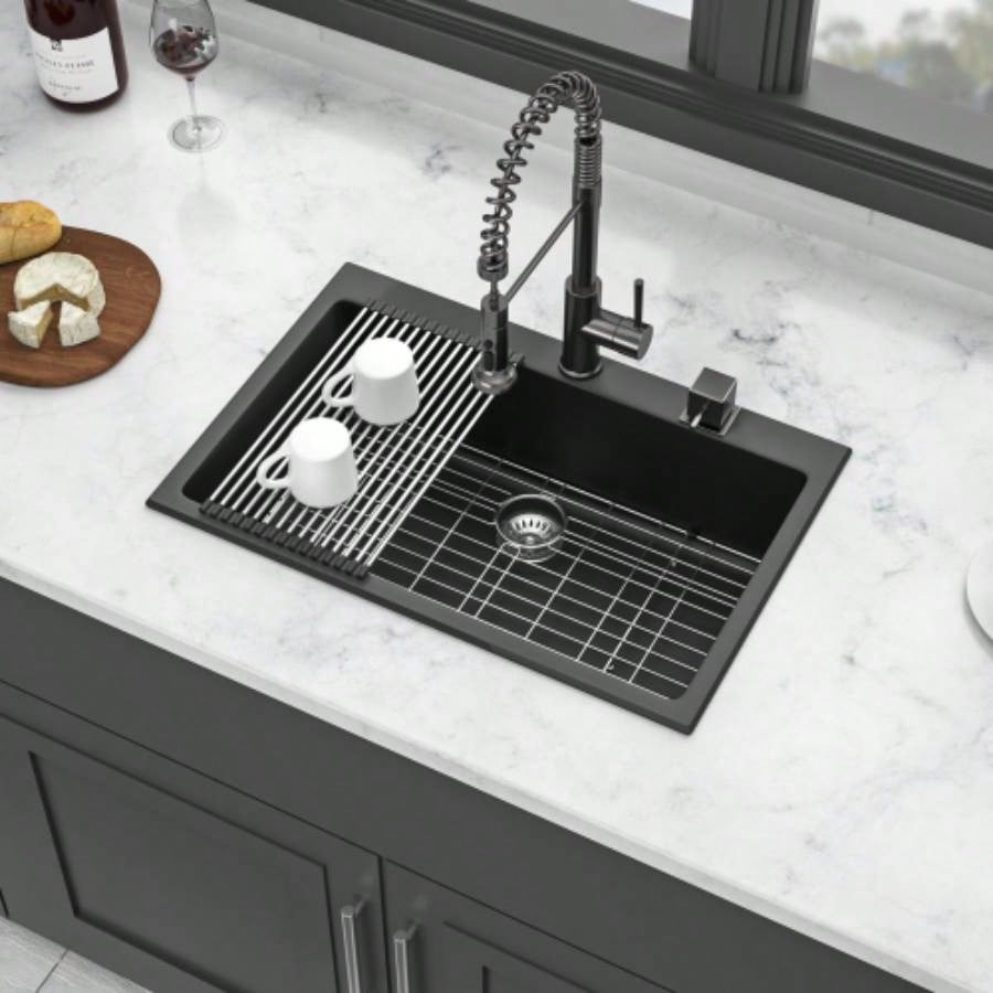 Quartz Kitchen Sink - 33x22 Black granite composite Drop in kitchen sink