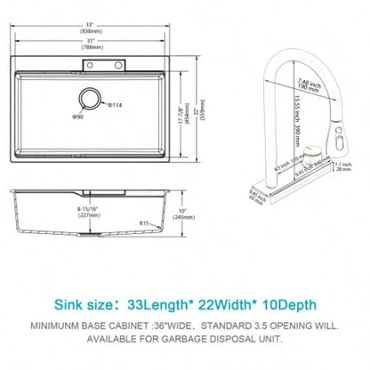 Drop In Waterfall Kitchen Sink - 33x 22 Black Composite Granite Quartz Single Bowl Workstation kitchen sink with Pull - Out Faucet