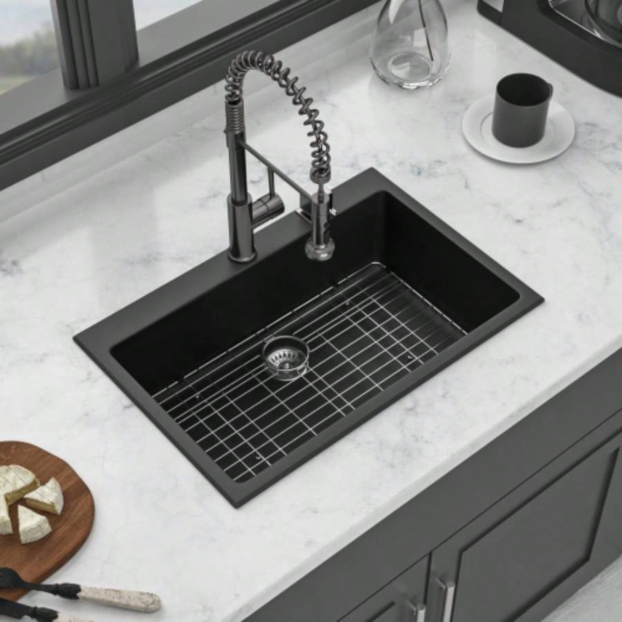 Quartz Kitchen Sink - 33x22 Black granite composite Drop in kitchen sink