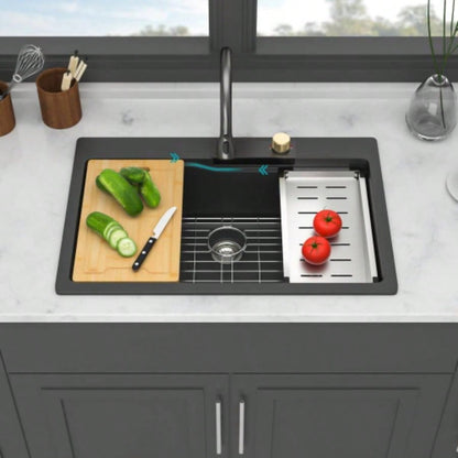 Drop In Waterfall Kitchen Sink - 33x 22 Black Composite Granite Quartz Single Bowl Workstation kitchen sink with Pull - Out Faucet