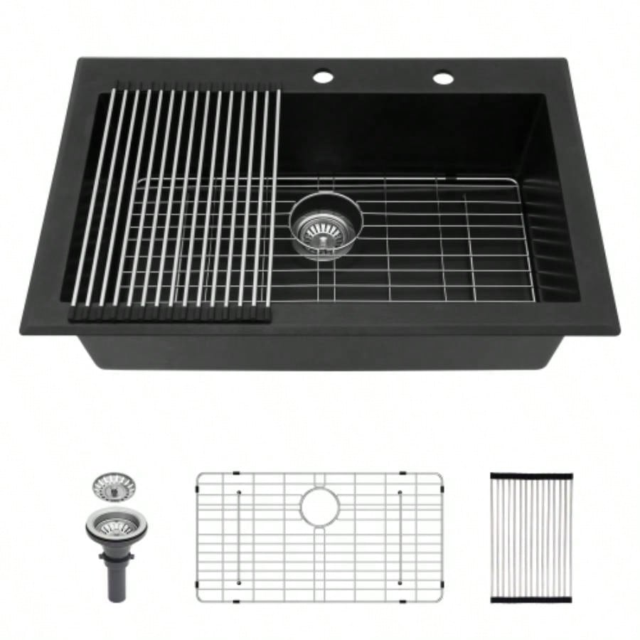 Quartz Kitchen Sink - 33x22 Black granite composite Drop in kitchen sink
