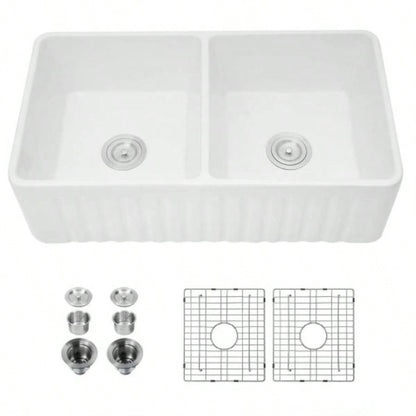Ceramic White 33*18*10 Kitchen Double Basin Farmhouse Sink Rectangular Vessel Sink