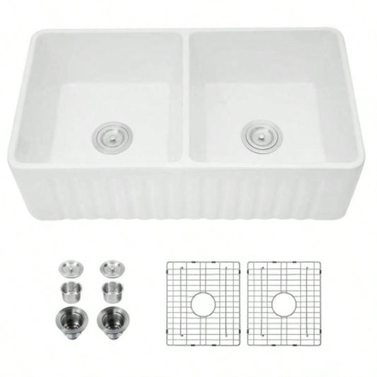 Ceramic White 33*18*10 Kitchen Double Basin Farmhouse Sink Rectangular Vessel Sink