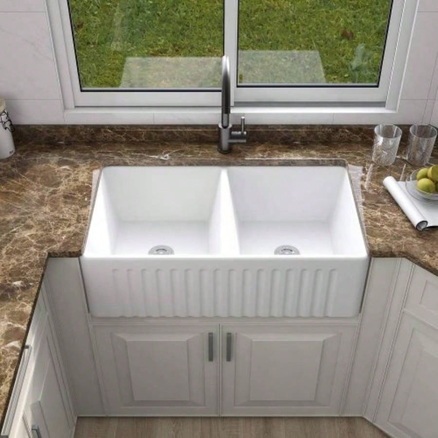 Ceramic White 33*18*10 Kitchen Double Basin Farmhouse Sink Rectangular Vessel Sink