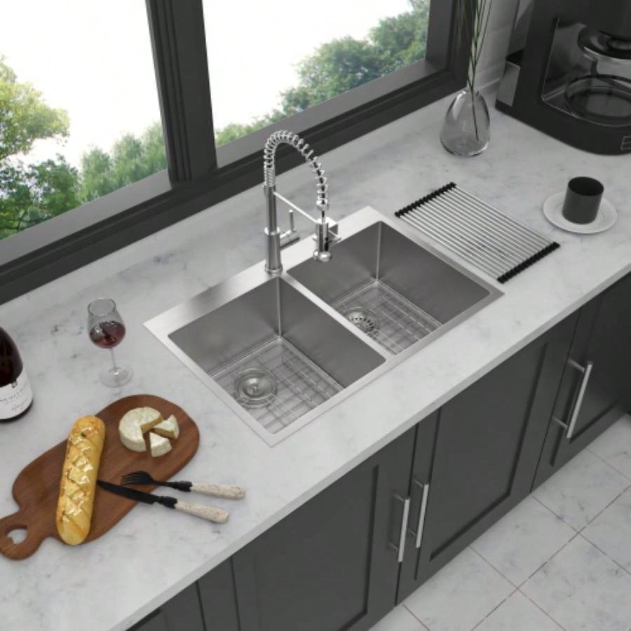 Double Bowl 50/50 Drop in Sink - 33x22x10 Stainless Steel Kitchen Sink 16 Gauge with Two 10 Deep Basin
