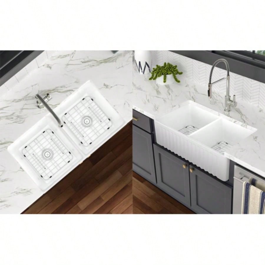 Ceramic White 33*18*10 Kitchen Double Basin Farmhouse Sink Rectangular Vessel Sink