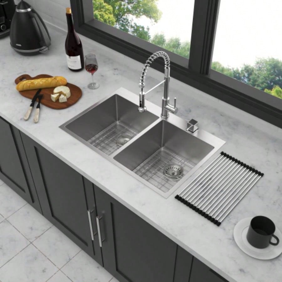 Double Bowl 50/50 Drop in Sink - 33x22x10 Stainless Steel Kitchen Sink 16 Gauge with Two 10 Deep Basin