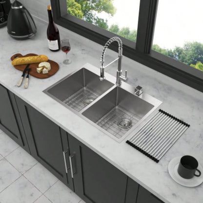 Double Bowl 50/50 Drop in Sink - 33x22x10 Stainless Steel Kitchen Sink 16 Gauge with Two 10 Deep Basin