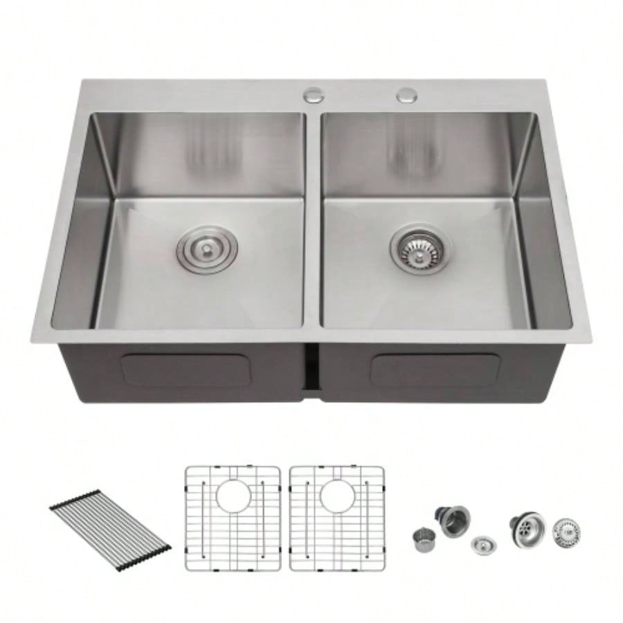 Double Bowl 50/50 Drop in Sink - 33x22x10 Stainless Steel Kitchen Sink 16 Gauge with Two 10 Deep Basin
