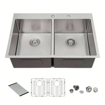 Double Bowl 50/50 Drop in Sink - 33x22x10 Stainless Steel Kitchen Sink 16 Gauge with Two 10 Deep Basin