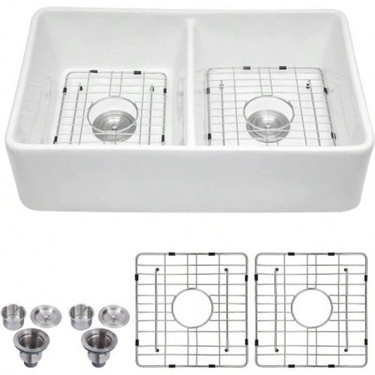 32 Lx 20 Double Basin Farmhouse Kitchen Sink with Basket Strainer