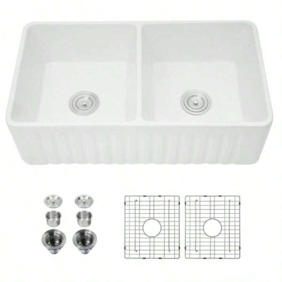 Ceramic White 33*18*10 Kitchen Double Basin Farmhouse Sink Rectangular Vessel Sink