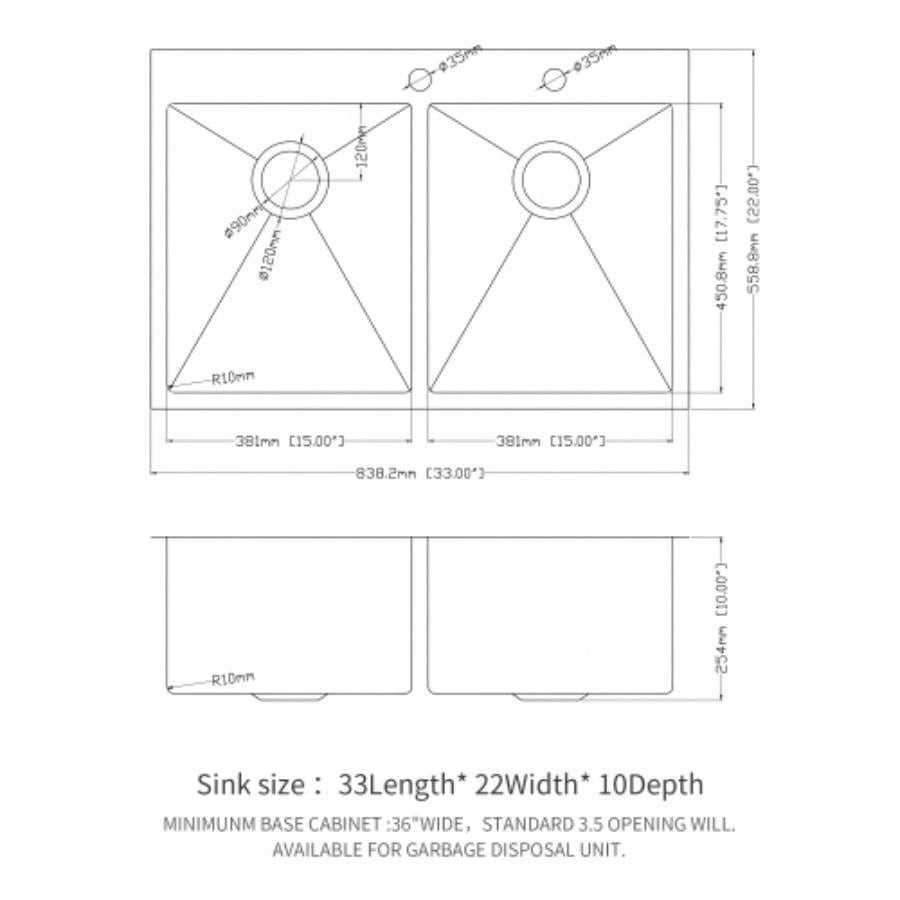 Double Bowl 50/50 Drop in Sink - 33x22x10 Stainless Steel Kitchen Sink 16 Gauge with Two 10 Deep Basin