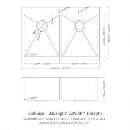 Double Bowl 50/50 Drop in Sink - 33x22x10 Stainless Steel Kitchen Sink 16 Gauge with Two 10 Deep Basin