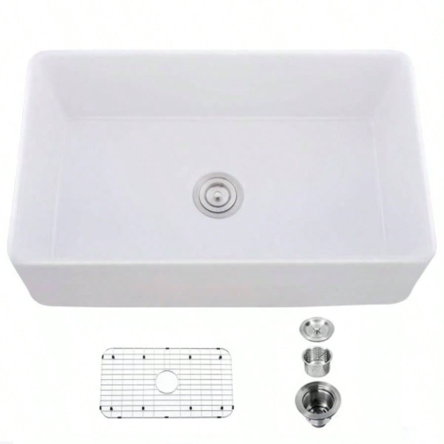33 L X 20 Single Basin Ceramic Farmhouse Kitchen Sink with Basket Strainer