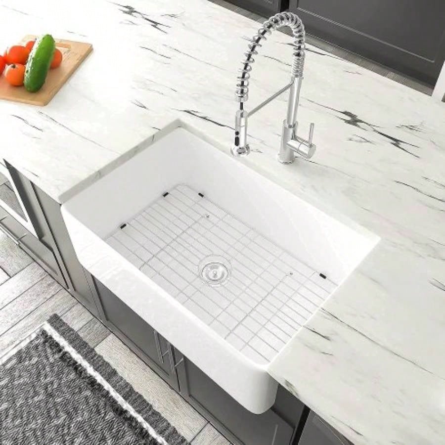 33 L X 20 Single Basin Ceramic Farmhouse Kitchen Sink with Basket Strainer