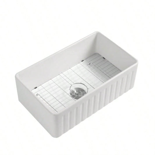 Fireclay 33 L X 20 Farmhouse Kitchen Sink with Grid and Strainer