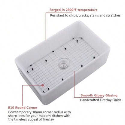 33 L X 20 Single Basin Ceramic Farmhouse Kitchen Sink with Basket Strainer