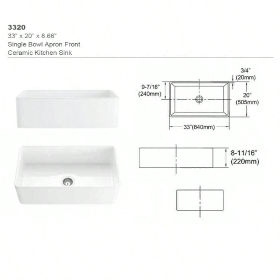 33 L X 20 Single Basin Ceramic Farmhouse Kitchen Sink with Basket Strainer