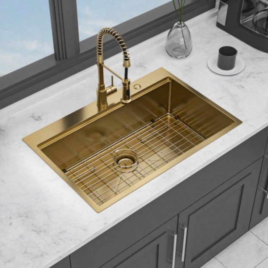 33 Drop in Gold Kitchen Sink - 33*22 inch Kitchen Sink Drop - in Topmount Single Bowl 16 Gauge Stainless Steel Ledge Workstation Kitchen Sinks