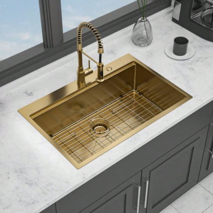 33 Drop in Gold Kitchen Sink - 33*22 inch Kitchen Sink Drop - in Topmount Single Bowl 16 Gauge Stainless Steel Ledge Workstation Kitchen Sinks
