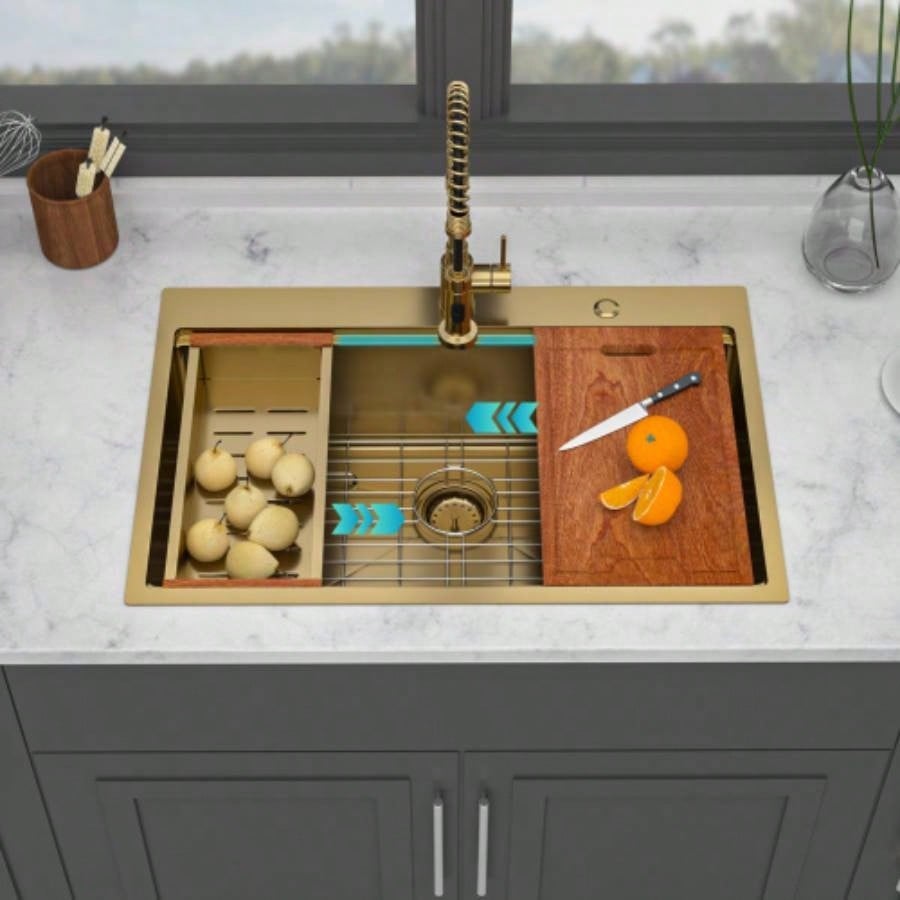 33 Drop in Gold Kitchen Sink - 33*22 inch Kitchen Sink Drop - in Topmount Single Bowl 16 Gauge Stainless Steel Ledge Workstation Kitchen Sinks