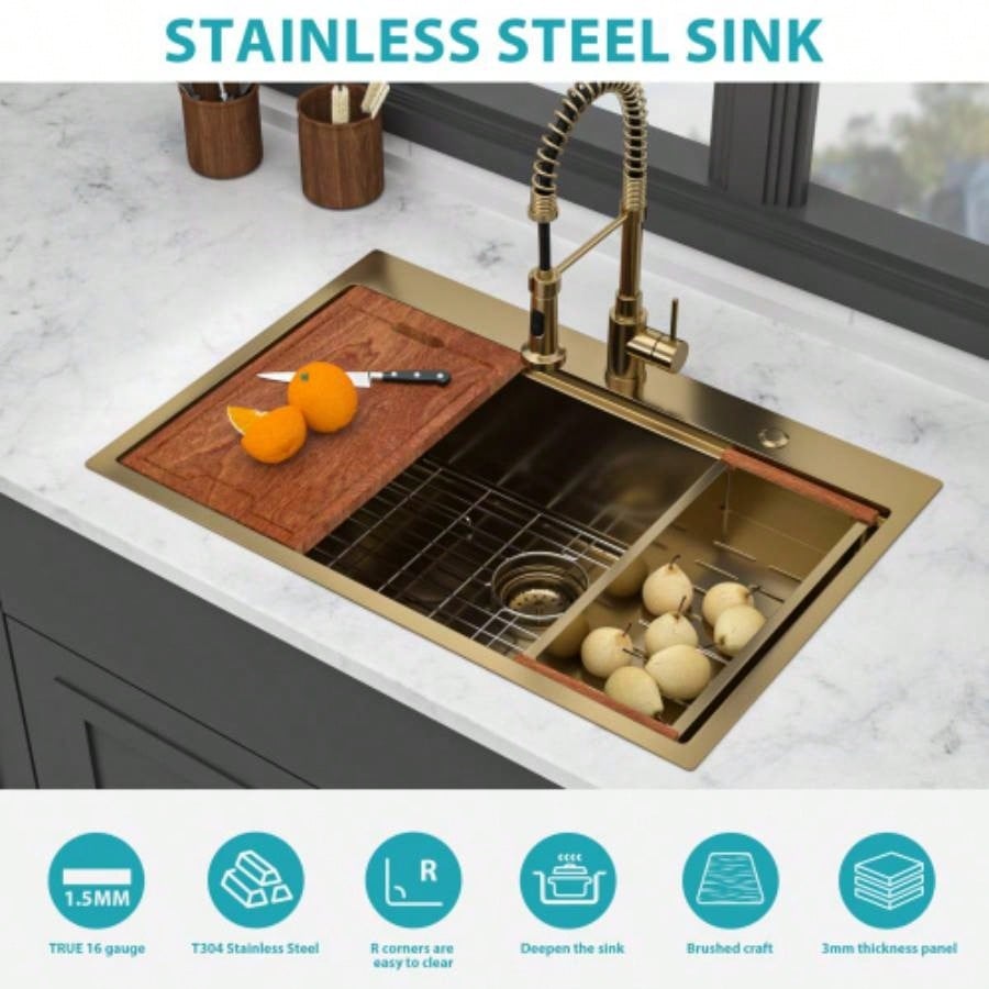 33 Drop in Gold Kitchen Sink - 33*22 inch Kitchen Sink Drop - in Topmount Single Bowl 16 Gauge Stainless Steel Ledge Workstation Kitchen Sinks