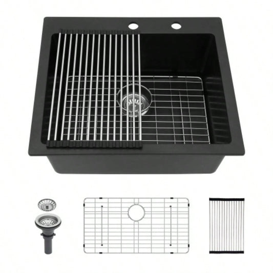 Quartz Kitchen Sink - 25x22 Black granite composite Drop in kitchen sink