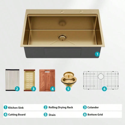 33 Drop in Gold Kitchen Sink - 33*22 inch Kitchen Sink Drop - in Topmount Single Bowl 16 Gauge Stainless Steel Ledge Workstation Kitchen Sinks