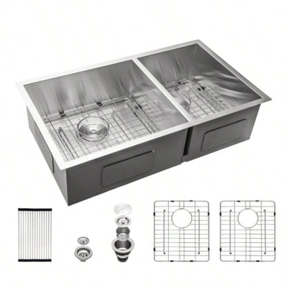 16 Gauge Stainless Steel 33x19 inch Undermount Double Bowl Kitchen Sink 60/40 with 9 Inch Deep Sink