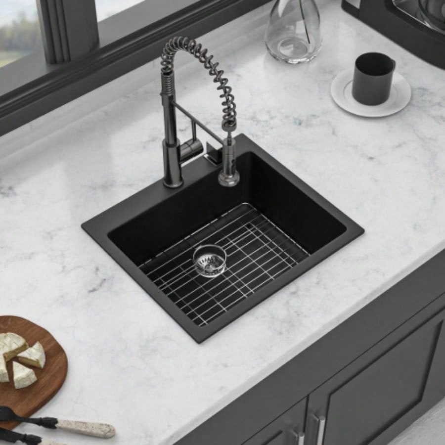 Quartz Kitchen Sink - 25x22 Black granite composite Drop in kitchen sink